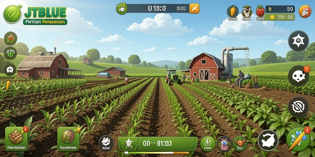 Tampilan gameplay JTBLUE dengan kebun yang rapi dan hewan lucu.