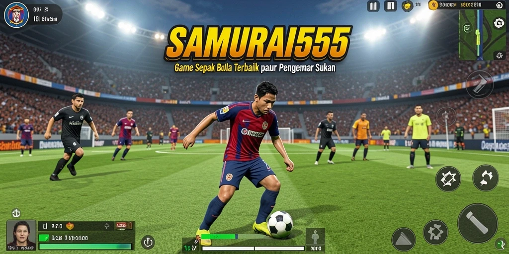 Screenshot gameplay SAMURAI555 menampilkan aksi pertandingan sepak bola.