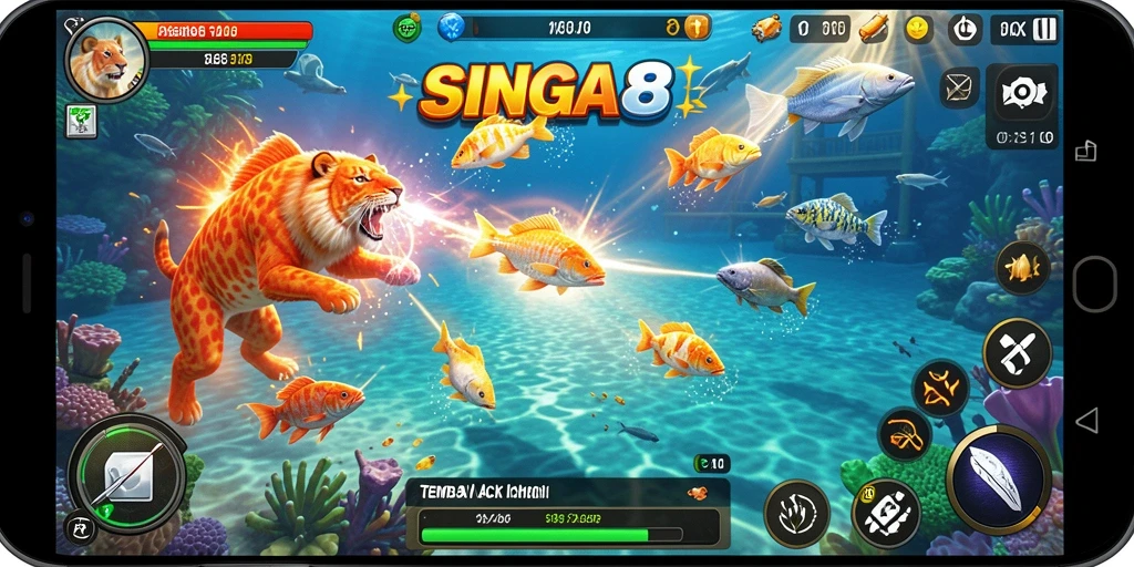 Tampilan gameplay SINGA8 dengan aksi menembak ikan yang seru.